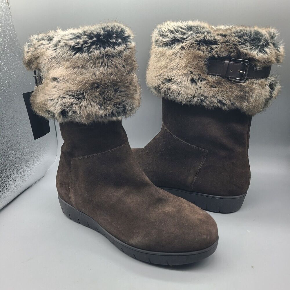 New AQUATALIA Size US 9 WALDA Brown Suede Faux Fur Boots Pull-on Lined Midcalf
